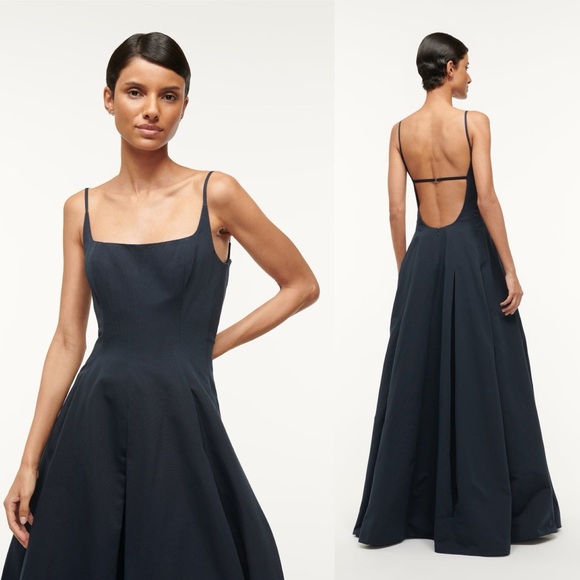 STAUD Joli Open-Back Full Skirt Maxi Dress Gown Navy Blue NWT Size 4 - Picture 11 of 16